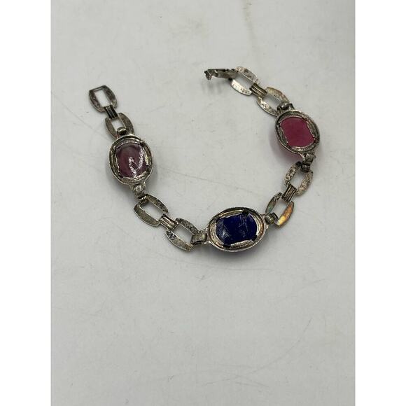 Scarab Multicolor Sterling Silver Bracelet Pinks Purples Fold Over Clasp - Picture 10 of 10